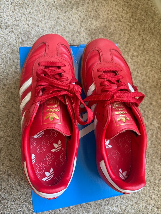 adidas Shoes - adidas samba Red Sneakers with White Stripes and Gold Logo